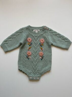 Louise Misha Baby Girls Myosette Embroidered Knitted Romper, Sage - Size 6M